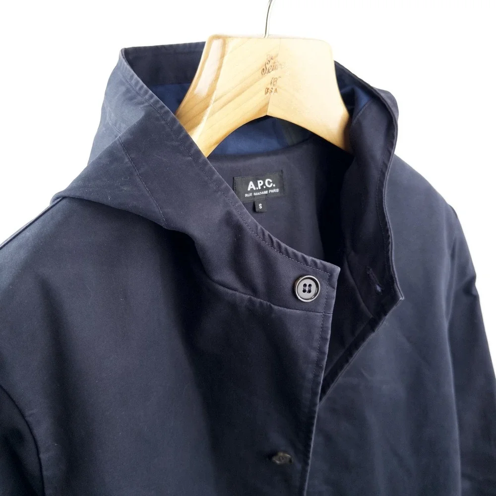 APC Navy Blue Hooded Trench Rain Coat Mac Parka Jacket Men's Small S